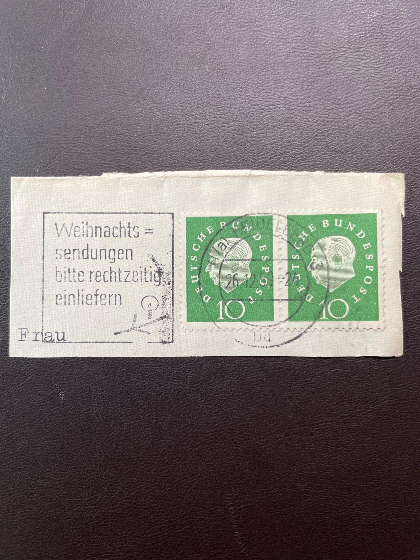 Theodor Heuss 1959 + Stempel Weihnachtssendungen